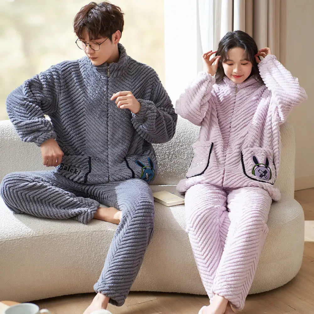 パジャマ カップル 秋冬 コーラルフリース 裏起毛 厚手 長袖 セット メンズ 保温 ルームウェア ID3743 写真通り / レディースＭ