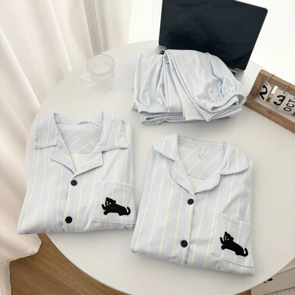 パジャマ カップル 秋冬 ストライプ カートゥーン カーディガン 長袖 男性用 女性用 暖かい ホームウェア ID4122 タイプ① / レディースＭ