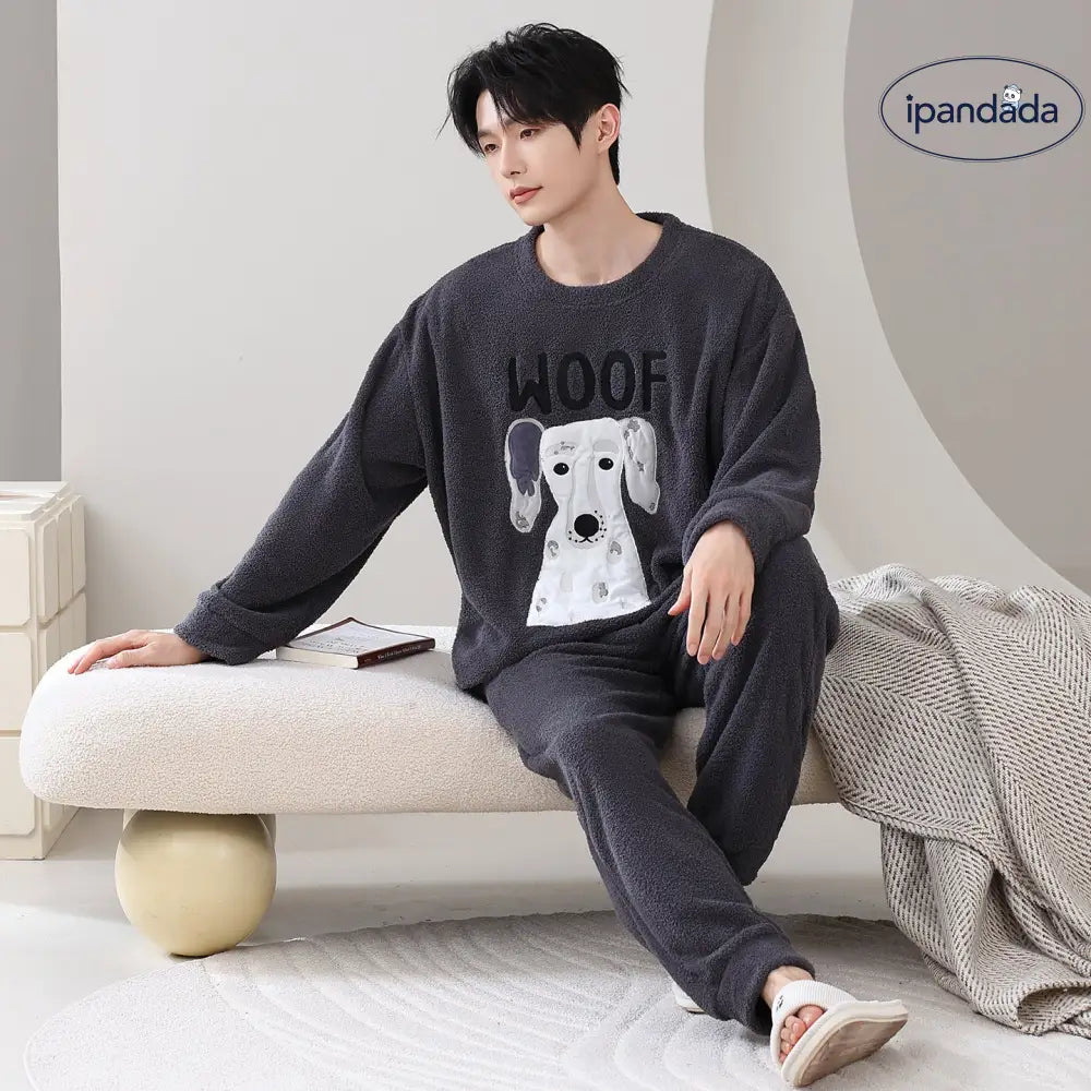 パジャマ カップル用 冬用 フリース プルオーバー 長袖 ルームウェア セット シンプル カジュアル ID3763