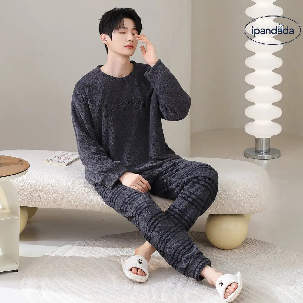 パジャマ カップル用 冬用 フリース プルオーバー 長袖 ルームウェア セット シンプル カジュアル ID3763