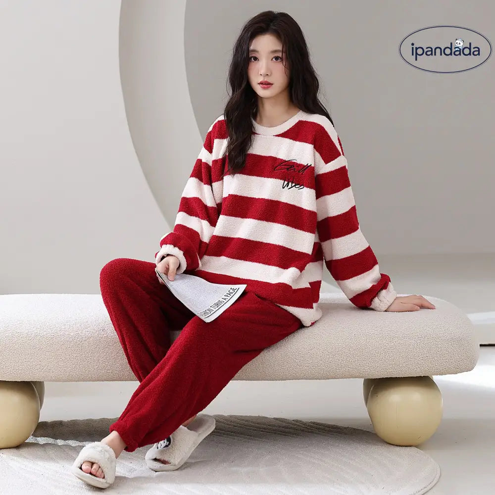 パジャマ カップル用 冬用 フリース プルオーバー 長袖 ルームウェア セット シンプル カジュアル ID3763