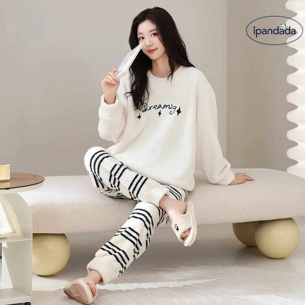 パジャマ カップル用 冬用 フリース プルオーバー 長袖 ルームウェア セット シンプル カジュアル ID3763