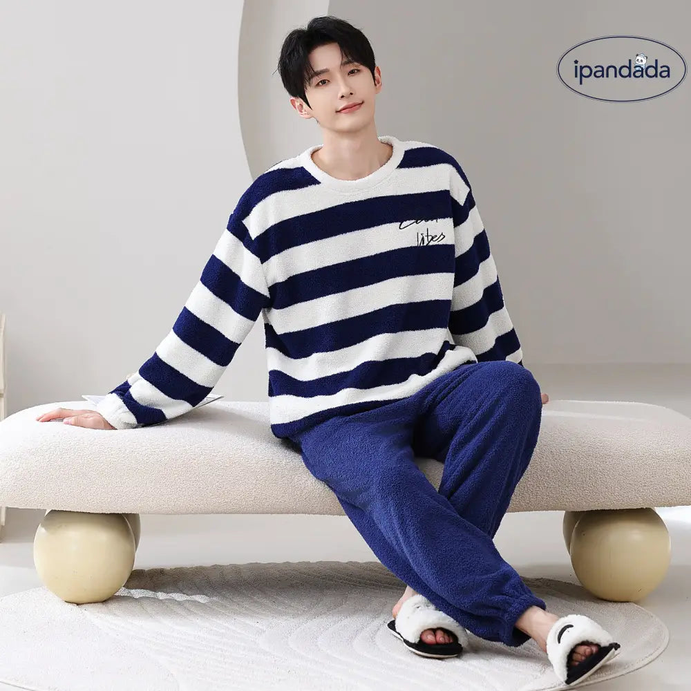 パジャマ カップル用 冬用 フリース プルオーバー 長袖 ルームウェア セット シンプル カジュアル ID3763
