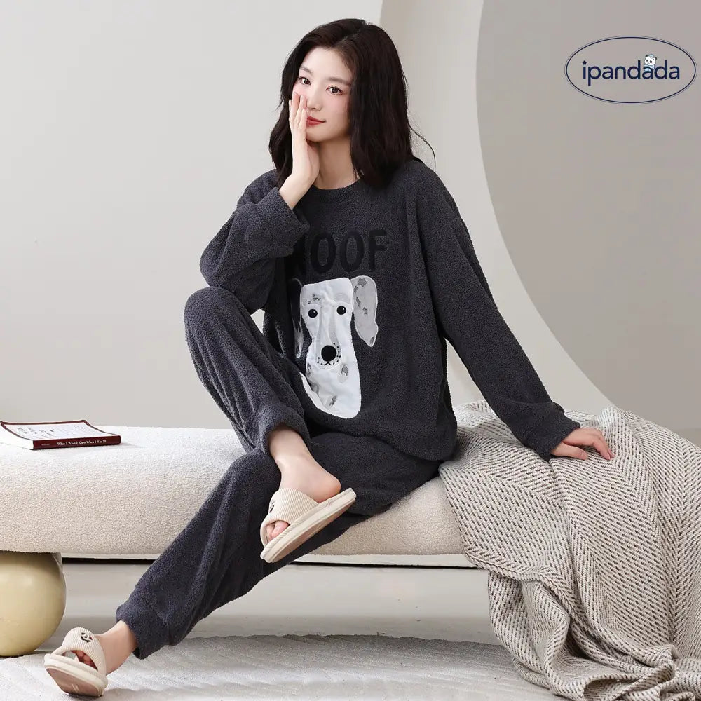 パジャマ カップル用 冬用 フリース プルオーバー 長袖 ルームウェア セット シンプル カジュアル ID3763