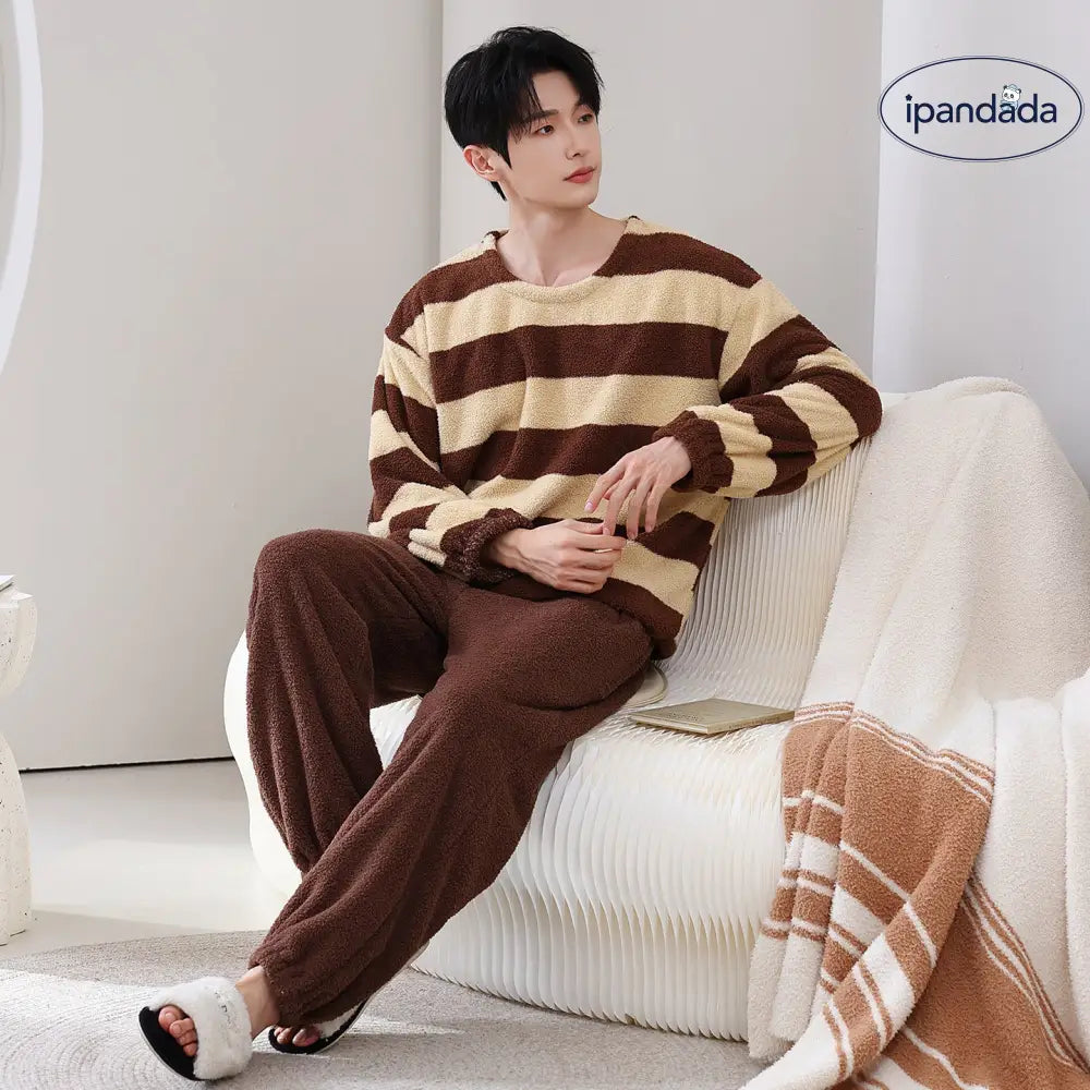 パジャマ カップル用 冬用 フリース プルオーバー 長袖 ルームウェア セット シンプル カジュアル ID3763