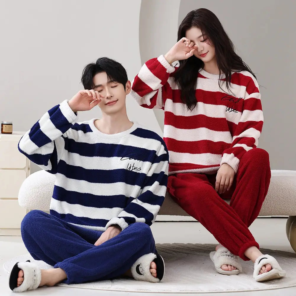 パジャマ カップル用 冬用 フリース プルオーバー 長袖 ルームウェア セット シンプル カジュアル ID3763 タイプ② / レディースＭ