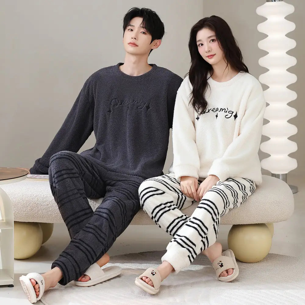 パジャマ カップル用 冬用 フリース プルオーバー 長袖 ルームウェア セット シンプル カジュアル ID3763 タイプ③ / レディースＭ