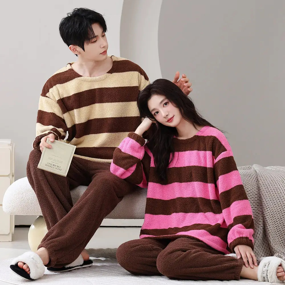 パジャマ カップル用 冬用 フリース プルオーバー 長袖 ルームウェア セット シンプル カジュアル ID3763 タイプ④ / レディースＭ