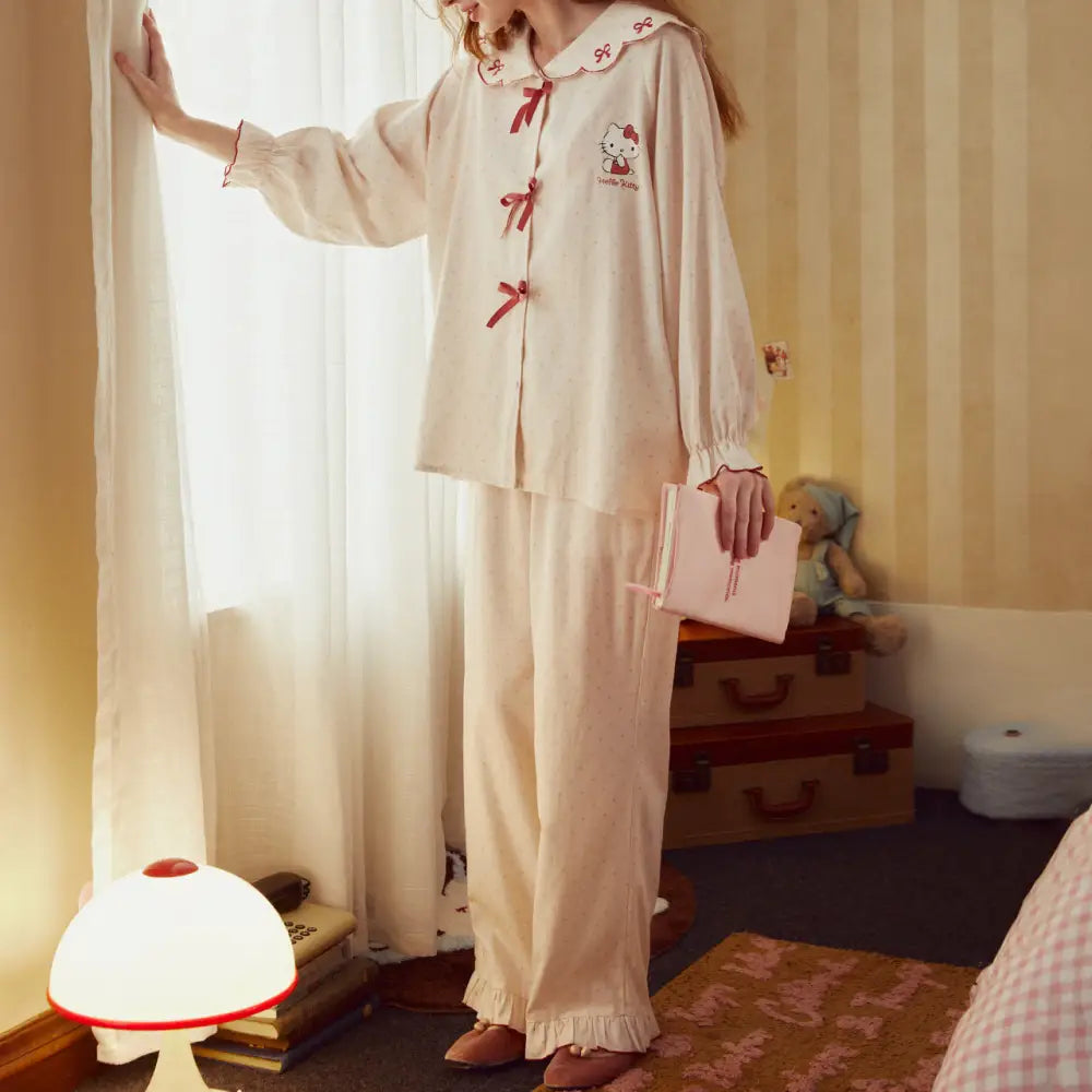 パジャマ カートゥーン 新作 スイートカラー リボン付き レディース 春秋用 ID3802