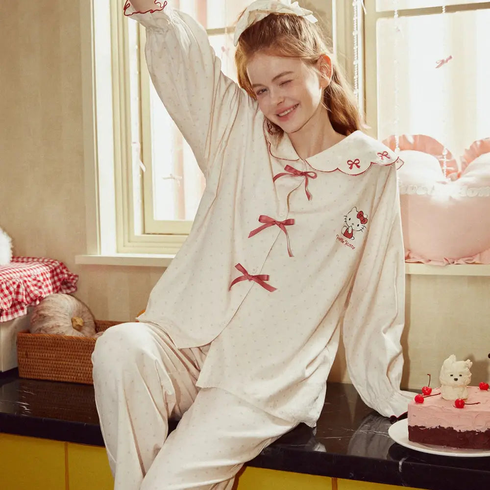 パジャマ カートゥーン 新作 スイートカラー リボン付き レディース 春秋用 ID3802 写真通り / S