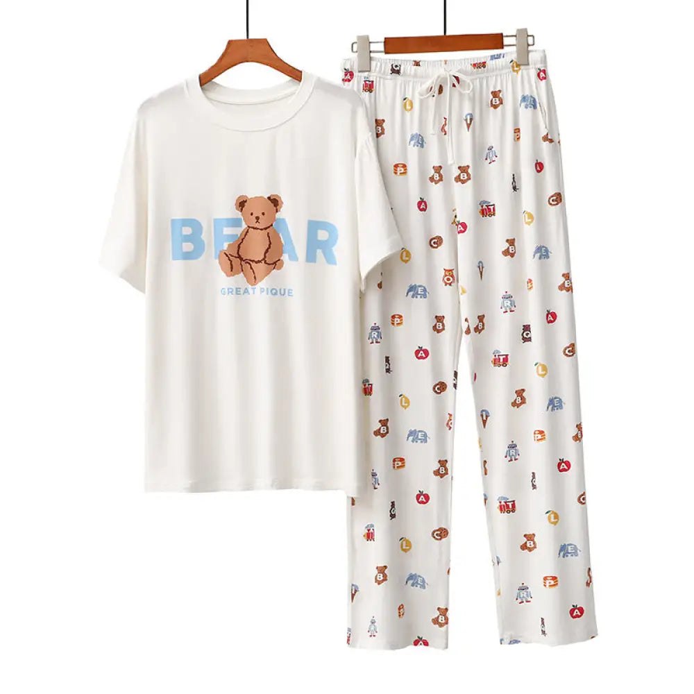 ID475 パジャマ クマ プリント 夏 半袖 長パンツ 薄手 カジュアル ラウンドネック カートゥーン ルームウェア レター セット レディース かわいい ホワイト / フリー レディース＞セットアップ