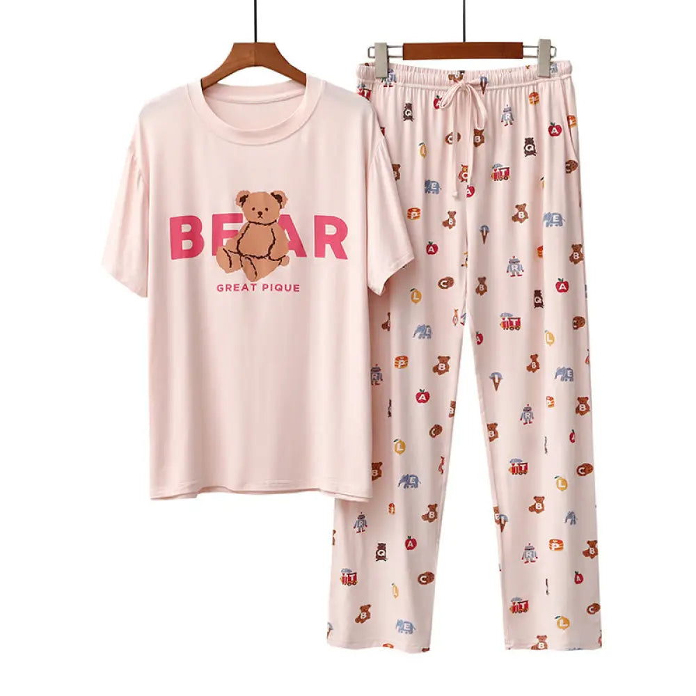 ID475 パジャマ クマ プリント 夏 半袖 長パンツ 薄手 カジュアル ラウンドネック カートゥーン ルームウェア レター セット レディース かわいい ピンク / フリー レディース＞セットアップ