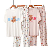 ID475 パジャマ クマ プリント 夏 半袖 長パンツ 薄手 カジュアル ラウンドネック カートゥーン ルームウェア レター セット レディース かわいい レディース＞セットアップ