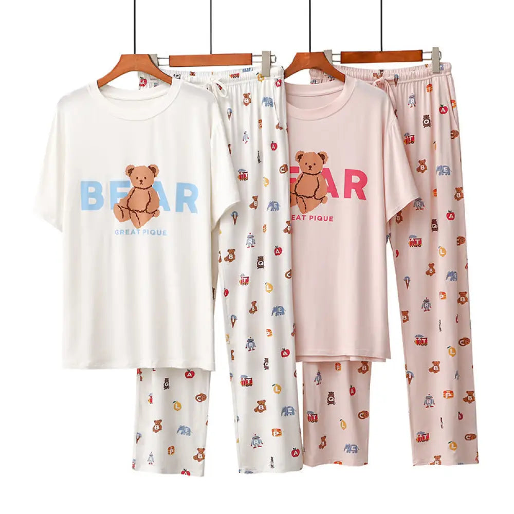 ID475 パジャマ クマ プリント 夏 半袖 長パンツ 薄手 カジュアル ラウンドネック カートゥーン ルームウェア レター セット レディース かわいい レディース＞セットアップ