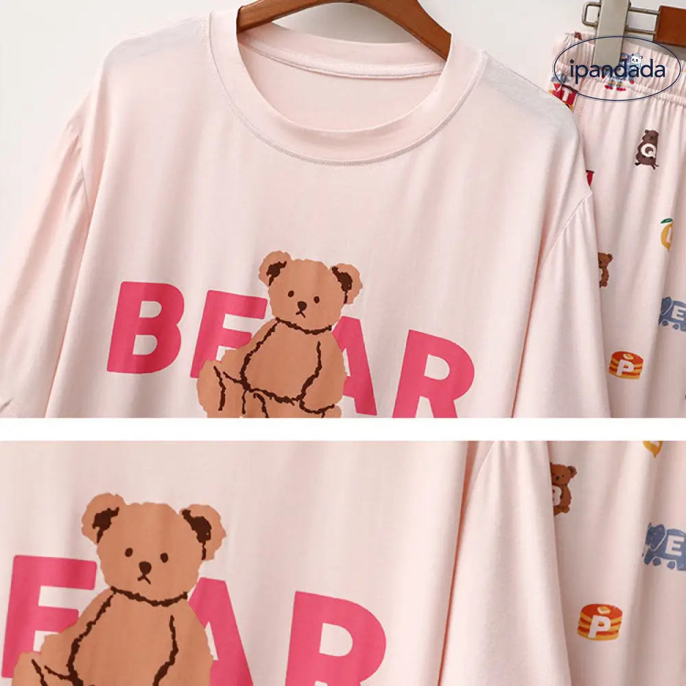 ID475 パジャマ クマ プリント 夏 半袖 長パンツ 薄手 カジュアル ラウンドネック カートゥーン ルームウェア レター セット レディース かわいい レディース＞セットアップ