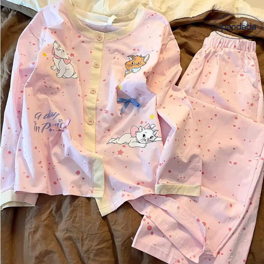 パジャマ マリーキャット プリント セットアップ 部屋着 上下 セット 長袖 春秋 かわいい 長ズボン 2点セット ルームウェア ID4466 レディース＞セットアップ