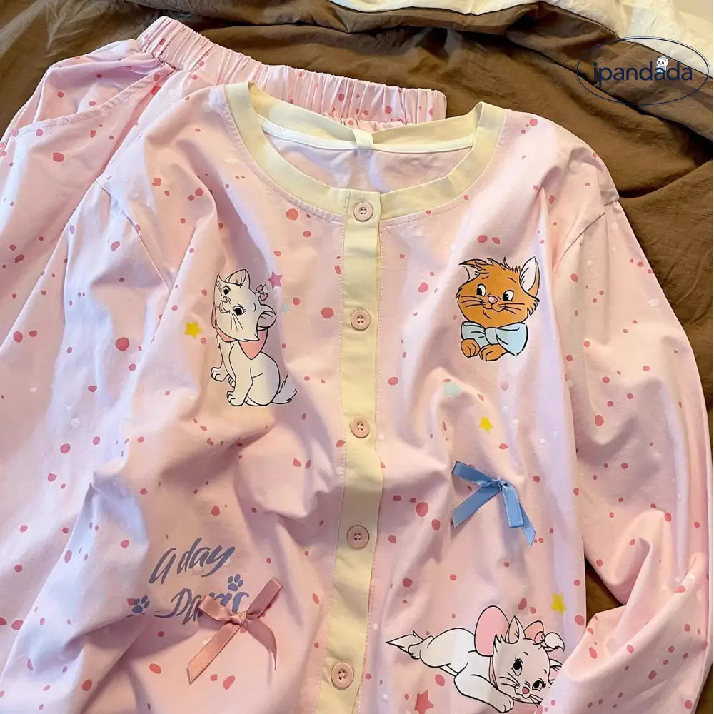 パジャマ マリーキャット プリント セットアップ 部屋着 上下 セット 長袖 春秋 かわいい 長ズボン 2点セット ルームウェア ID4466 レディース＞セットアップ
