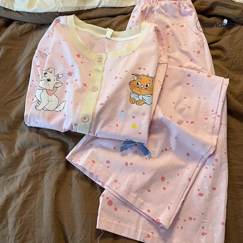 パジャマ マリーキャット プリント セットアップ 部屋着 上下 セット 長袖 春秋 かわいい 長ズボン 2点セット ルームウェア ID4466 レディース＞セットアップ