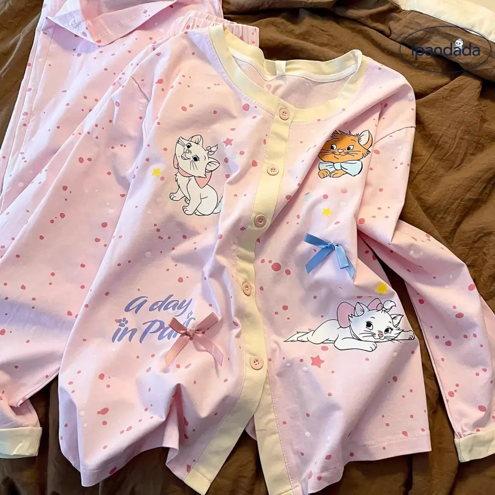 パジャマ マリーキャット プリント セットアップ 部屋着 上下 セット 長袖 春秋 かわいい 長ズボン 2点セット ルームウェア ID4466 レディース＞セットアップ