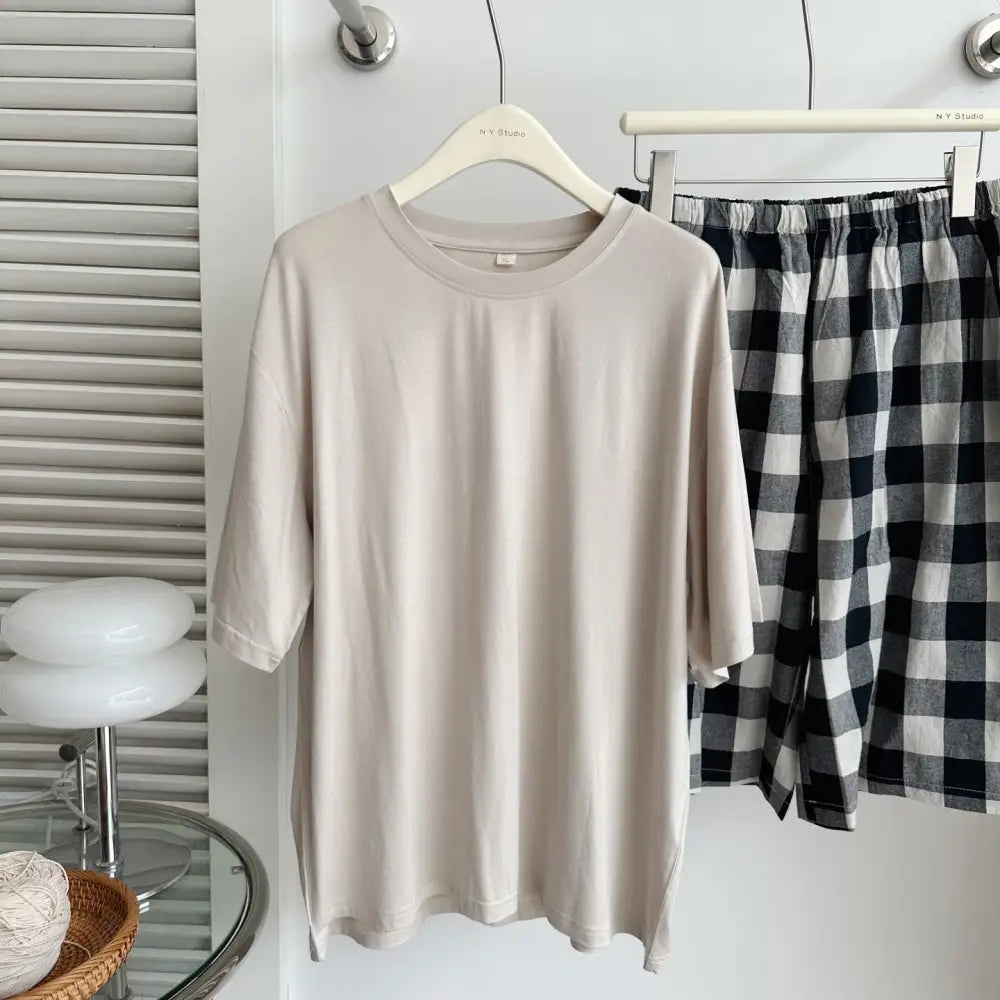 ID1021 パジャマ メンズ 4色展開 夏用 モダール トップス 綿 ワイドショートパンツ セット 快適 通気性抜群 ルーズ ホームウェア ベージュ / L メンズ＞セットアップ