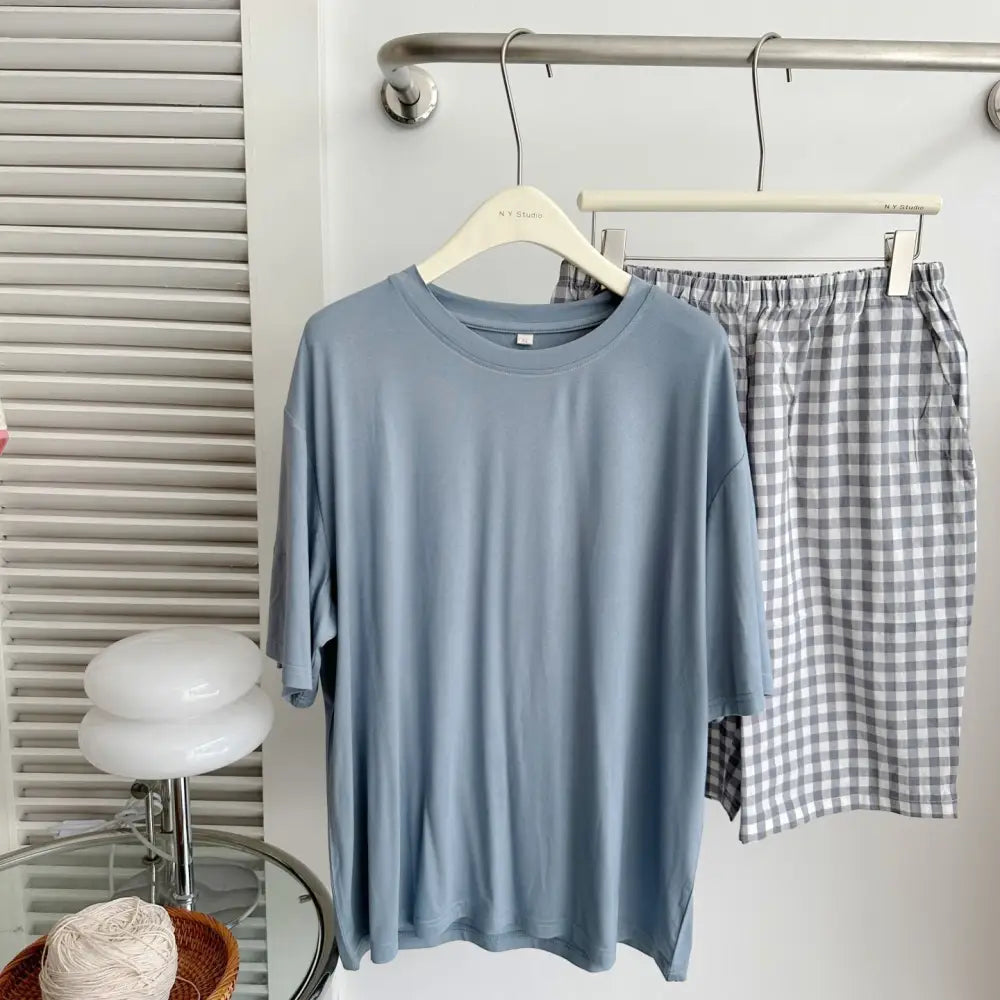 ID1021 パジャマ メンズ 4色展開 夏用 モダール トップス 綿 ワイドショートパンツ セット 快適 通気性抜群 ルーズ ホームウェア ブルー / L メンズ＞セットアップ