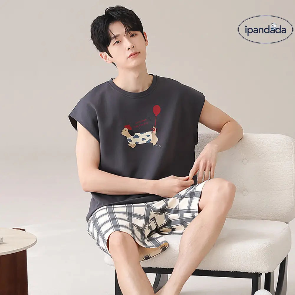 ID945 パジャマ メンズ プラスサイズ 夏用 半袖 セット プレミアム ホームウェア カートゥーン キュート タンクトップ ルームウェア 部屋着 通気性抜群 洗濯可能 メンズ＞セットアップ
