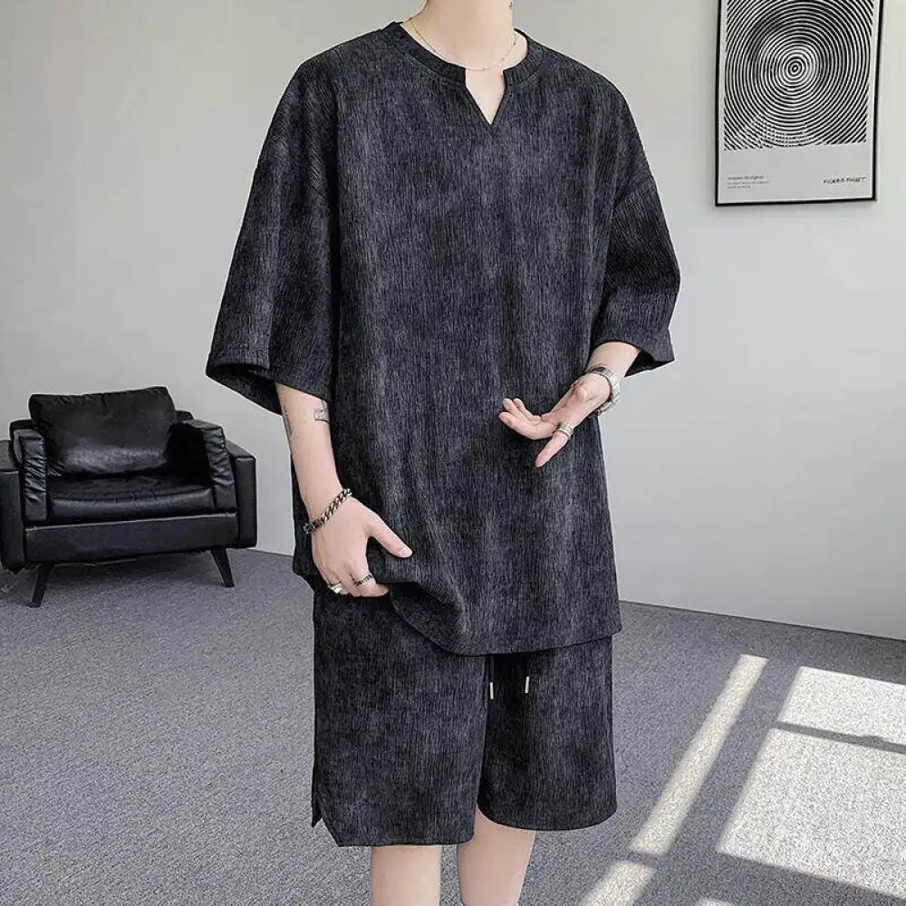 ID944 パジャマ メンズ 特大サイズ 父の日ギフト 夏用 テクスチャーVネック タイダイ染め ルームウェアセット ルーズフィット レトロ風 半袖 ショートパンツ 2点セット ブラック / M メンズ＞セットアップ