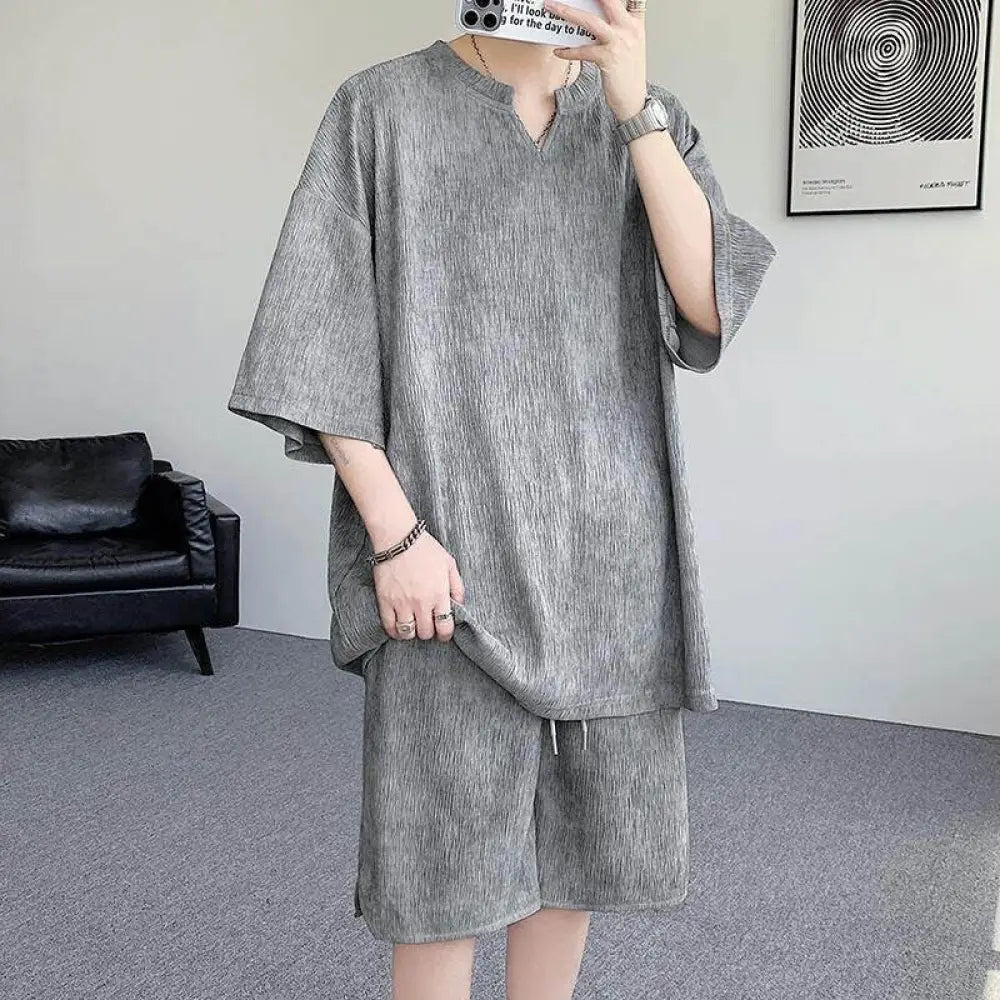 ID944 パジャマ メンズ 特大サイズ 父の日ギフト 夏用 テクスチャーVネック タイダイ染め ルームウェアセット ルーズフィット レトロ風 半袖 ショートパンツ 2点セット メンズ＞セットアップ