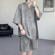 ID944 パジャマ メンズ 特大サイズ 父の日ギフト 夏用 テクスチャーVネック タイダイ染め ルームウェアセット ルーズフィット レトロ風 半袖 ショートパンツ 2点セット メンズ＞セットアップ