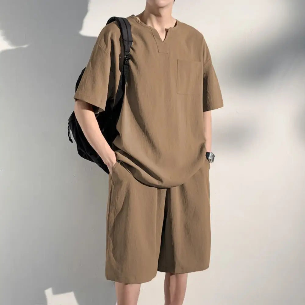 ID943 パジャマ メンズ 夏物特集 父の日 半袖 春 夏 柔らかく軽い薄手の快適Tシャツ 上下セット 胸ポケット 半袖 短パン 無地 寝間着 軽い 接触冷感 セットアップ ギフト プレゼント カーキ / M メンズ＞セットアップ