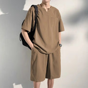 ID943 パジャマ メンズ 夏物特集 父の日 半袖 春 夏 柔らかく軽い薄手の快適Tシャツ 上下セット 胸ポケット 半袖 短パン 無地 寝間着 軽い 接触冷感 セットアップ ギフト プレゼント カーキ / M メンズ＞セットアップ