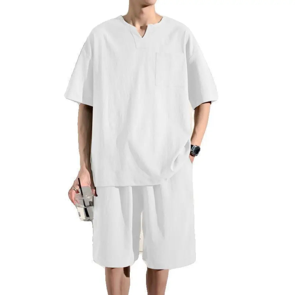 ID943 パジャマ メンズ 夏物特集 父の日 半袖 春 夏 柔らかく軽い薄手の快適Tシャツ 上下セット 胸ポケット 半袖 短パン 無地 寝間着 軽い 接触冷感 セットアップ ギフト プレゼント ホワイト / M メンズ＞セットアップ
