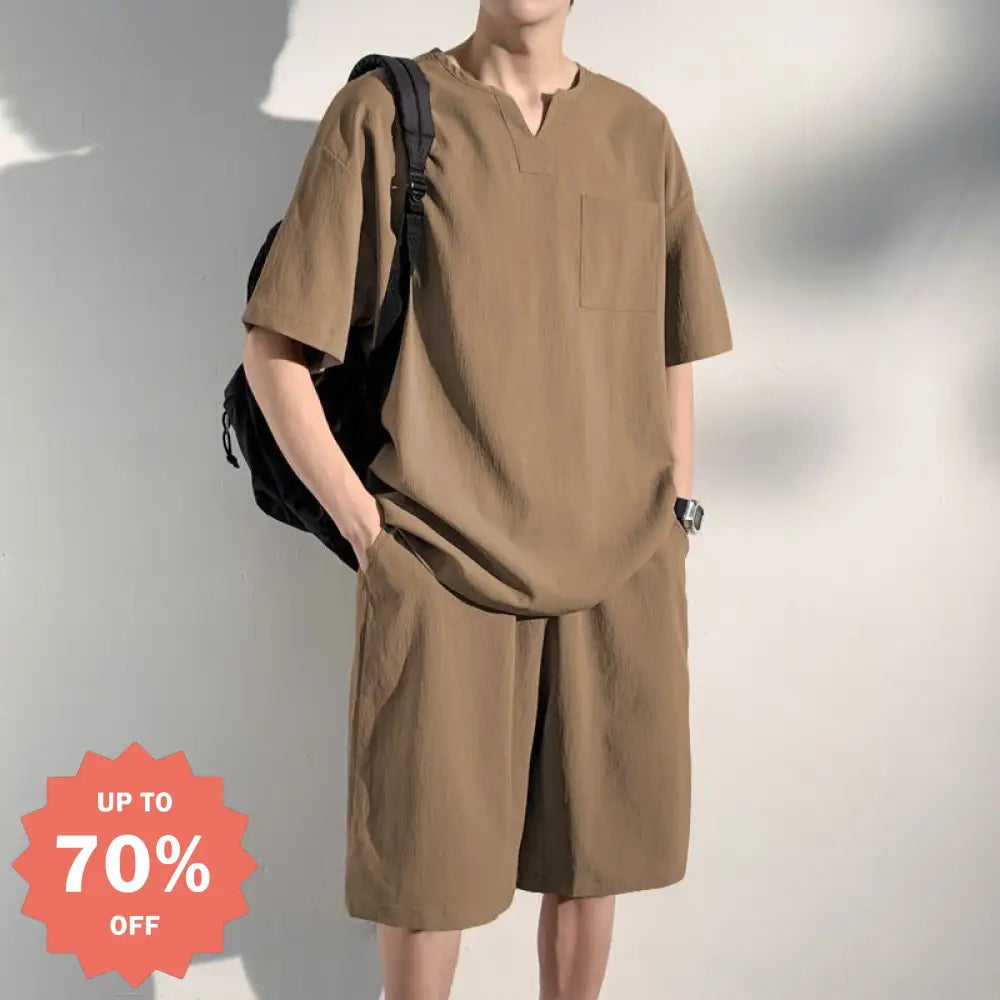 ID943 パジャマ メンズ 夏物特集 父の日 半袖 春 夏 柔らかく軽い薄手の快適Tシャツ 上下セット 胸ポケット 半袖 短パン 無地 寝間着 軽い 接触冷感 セットアップ ギフト プレゼント カーキ / M メンズ＞セットアップ