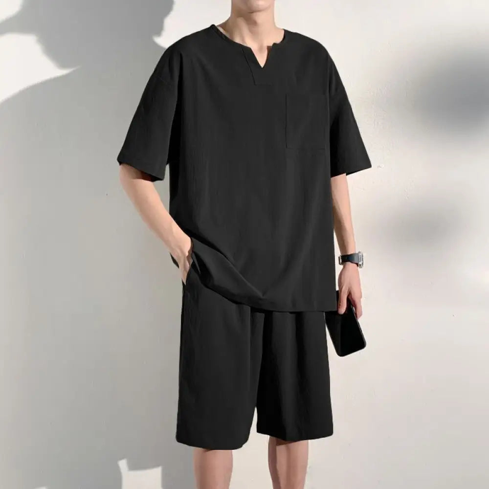 ID943 パジャマ メンズ 夏物特集 父の日 半袖 春 夏 柔らかく軽い薄手の快適Tシャツ 上下セット 胸ポケット 半袖 短パン 無地 寝間着 軽い 接触冷感 セットアップ ギフト プレゼント ブラック / M メンズ＞セットアップ