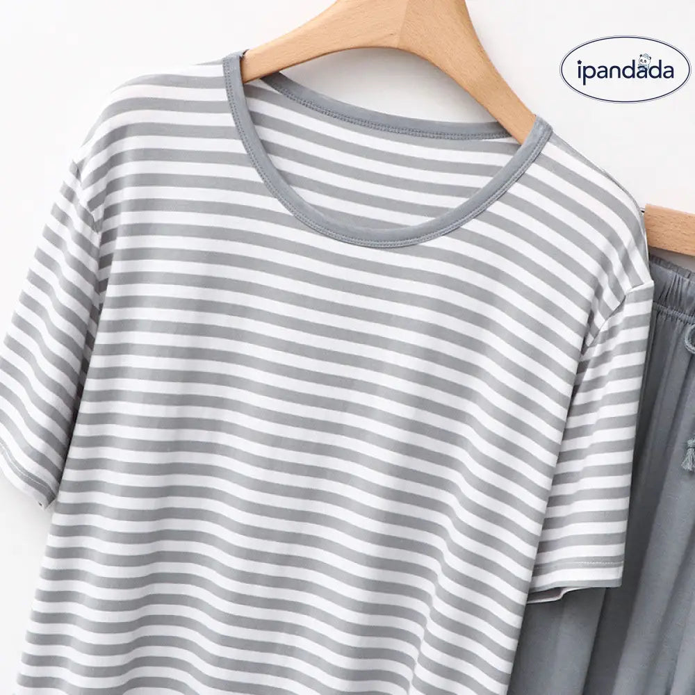 ID816 パジャマ メンズ 夏 新作 モダール ラウンドネック ストライプ シンプル 通気性抜群 快適 半袖 ショートパンツ セット ホームウェア ルームウェア 薄手 涼感 洗濯可能 部屋着 インテリア メンズ＞セットアップ