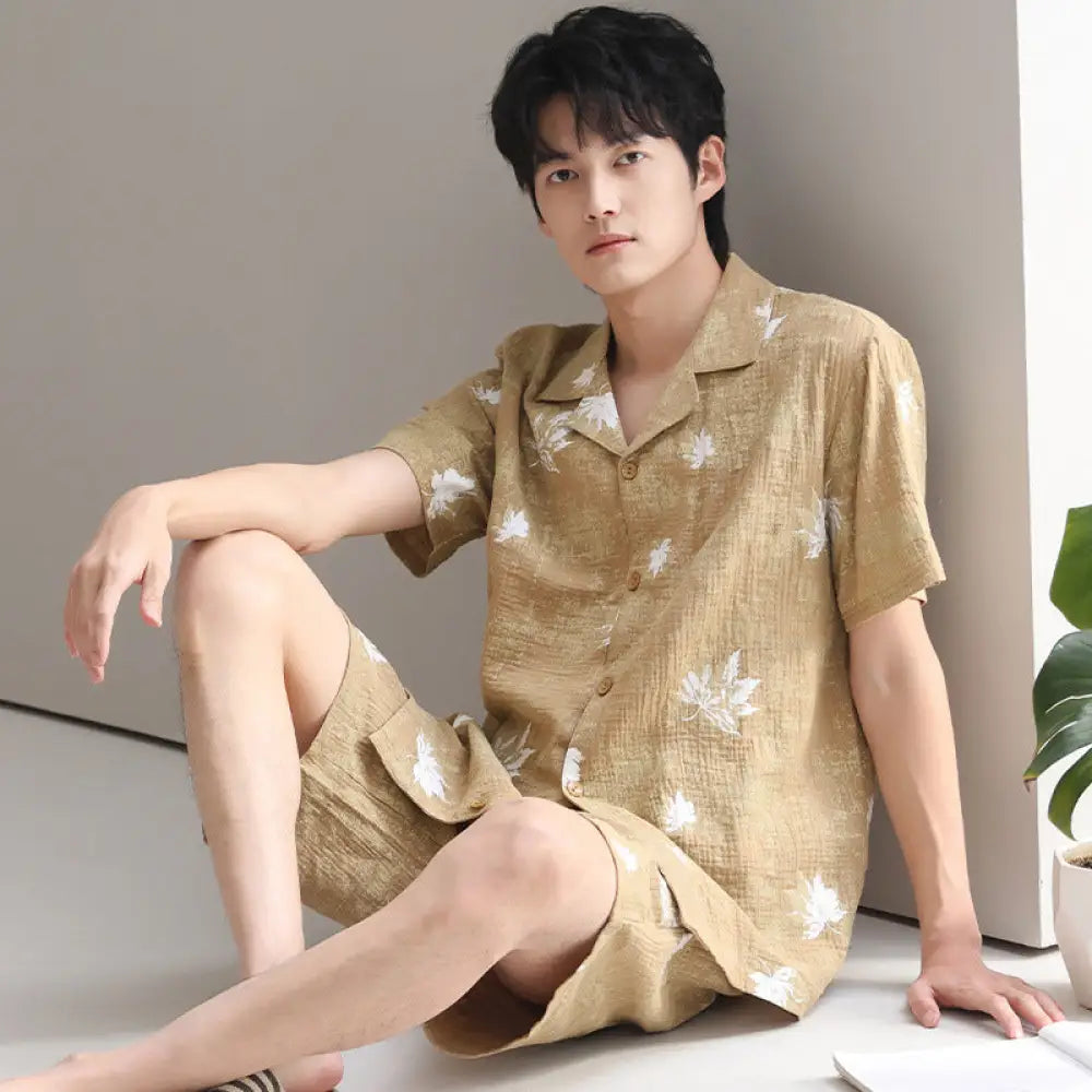 ID953 パジャマ メンズ 夏用 セット 梭織り 半袖 ショートパンツ プラスサイズ 父の日ギフト ホームウェア カップルセット タイプ④ / L メンズ＞セットアップ