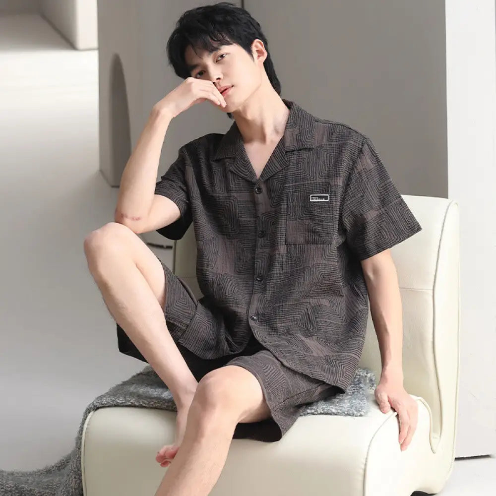 ID953 パジャマ メンズ 夏用 セット 梭織り 半袖 ショートパンツ プラスサイズ 父の日ギフト ホームウェア カップルセット タイプ⑤ / L メンズ＞セットアップ