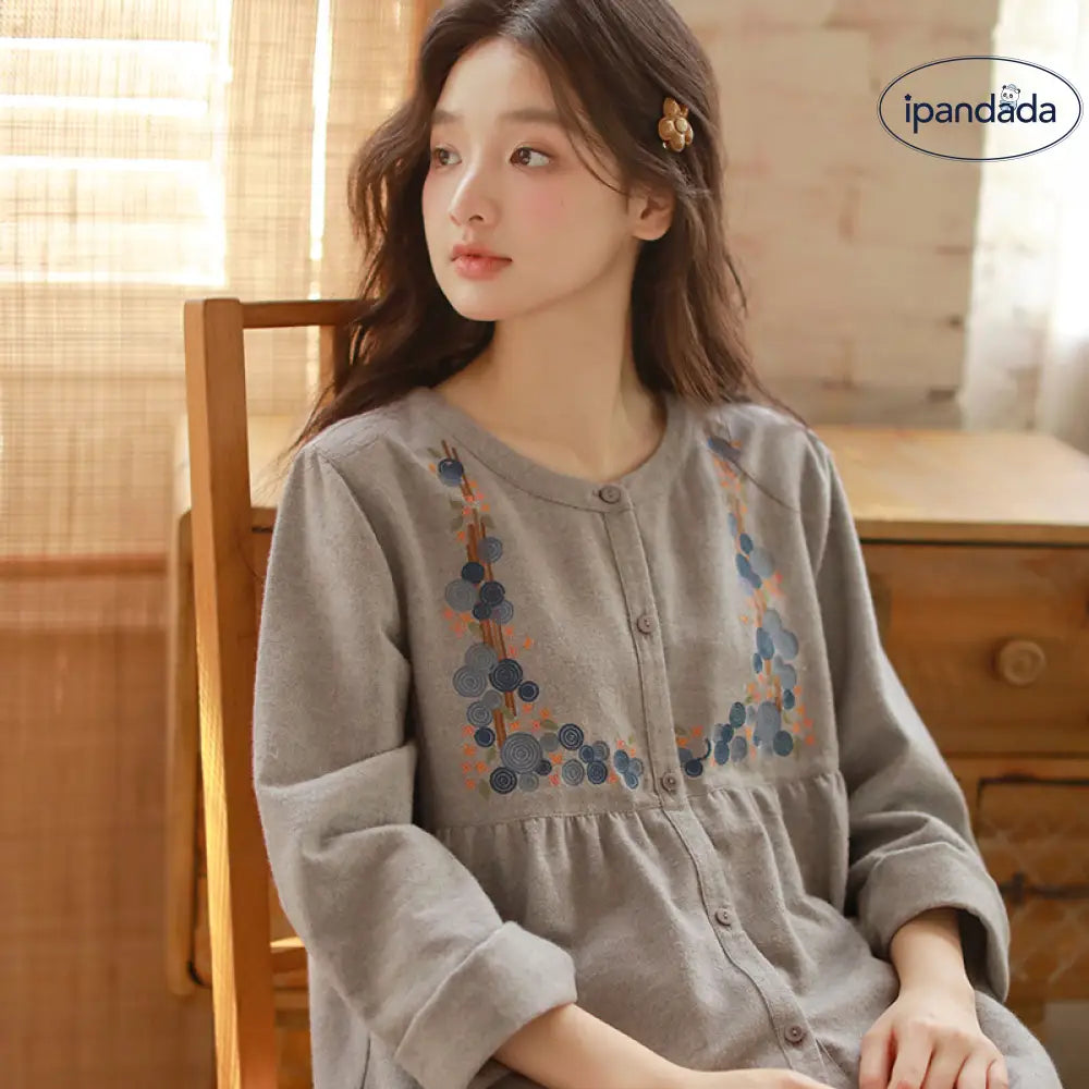 パジャマ 綿100％ 長袖 ウエストゴム 前開き 上下セット セットアップ グレー ラウンドネック ルームウェア レディース 春 秋 冬 ゆったり 部屋着 寝巻き 寝間着 可愛い 透けない 柔らか 入院 産後 ナイトウェア ギフト