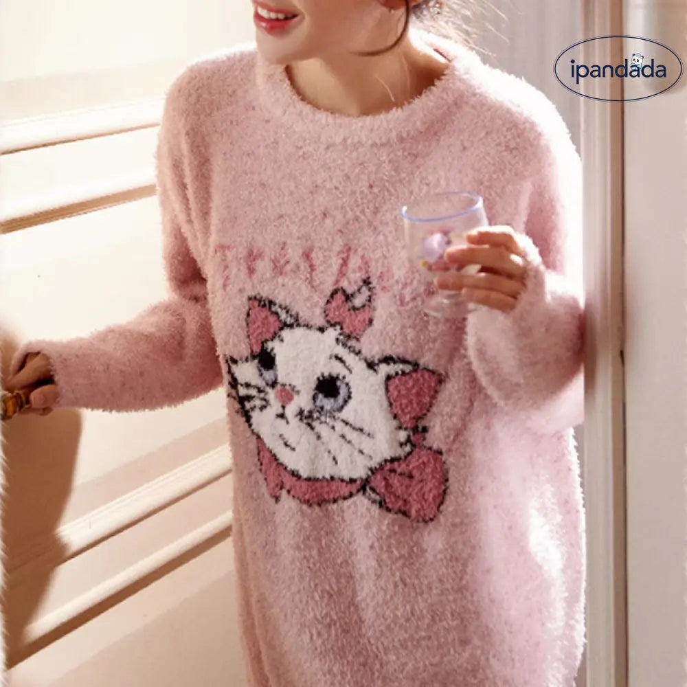 パジャマ ねこ ゆったり もこもこ ルームウェア 冬 かわいい カートゥーン 部屋着 寝巻き ラウンドネック レディース＞セットアップ