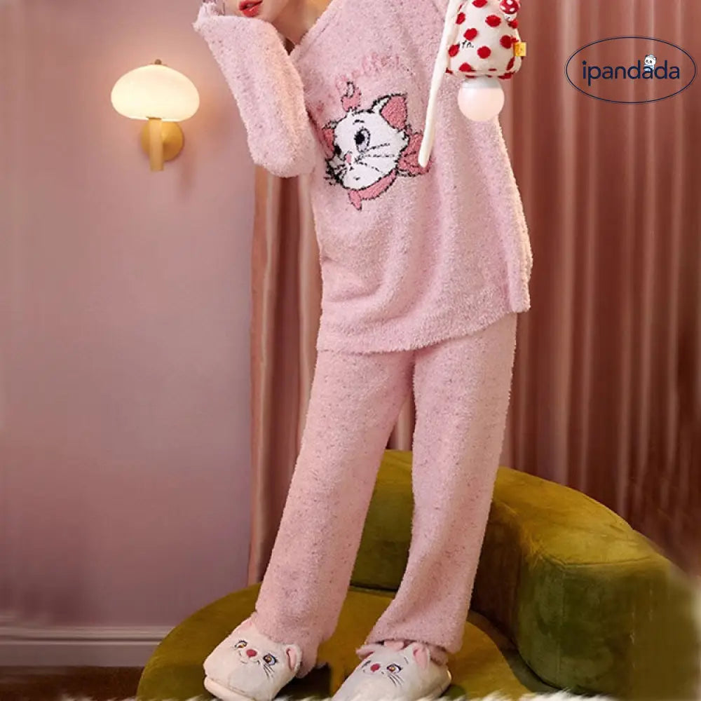 パジャマ ねこ ゆったり もこもこ ルームウェア 冬 かわいい カートゥーン 部屋着 寝巻き ラウンドネック レディース＞セットアップ