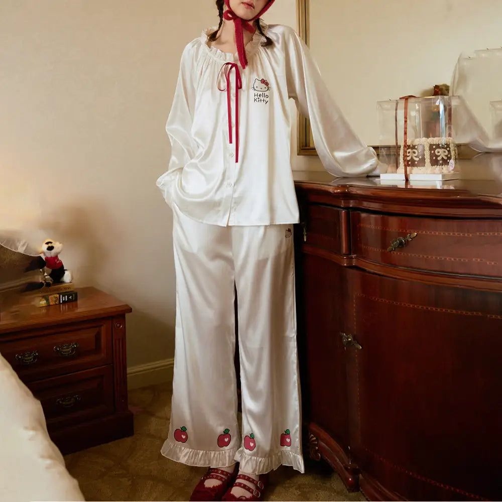パジャマ 女 春秋 新作 キティ かわいい アイスシルク ゆったり ルームウェア リラックス 部屋着 寝間着 大人可愛い 長袖 セット ID4924 写真通り / S レディース＞セットアップ