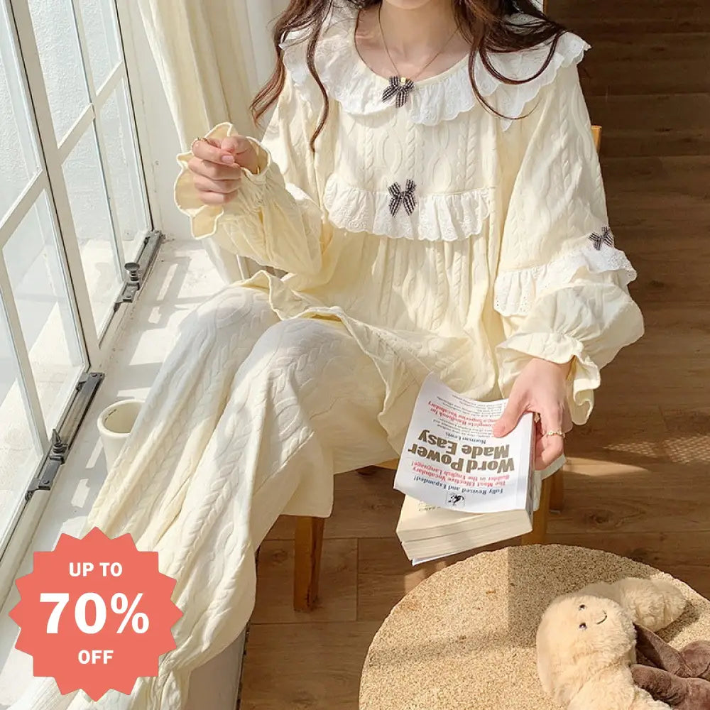 パジャマ 女 春秋用 長袖 新作 プリンセス風 かわいい リボン ルームウェア セット 上下セット セットアップ パジャマ 部屋着 寝間着 長ズボン ID4297 タイプ① / M レディース＞セットアップ