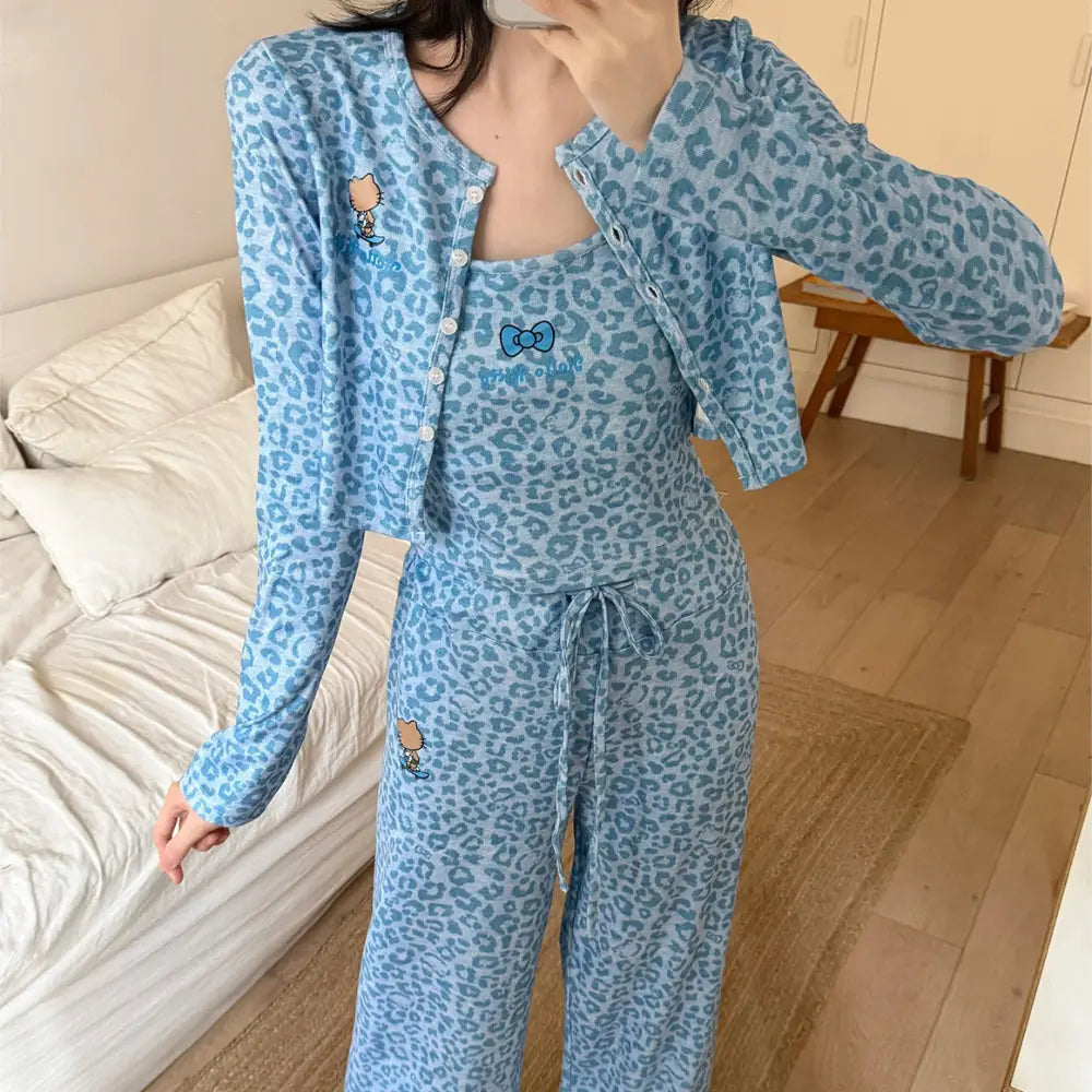 パジャマ 女性 春秋 豹柄 KTキャット カップ付き 可愛い 厚手 可愛い 前開き 春 夏 かわいい おしゃれ 3点セット ルームウェア ID4365 ブルー / M レディース＞セットアップ