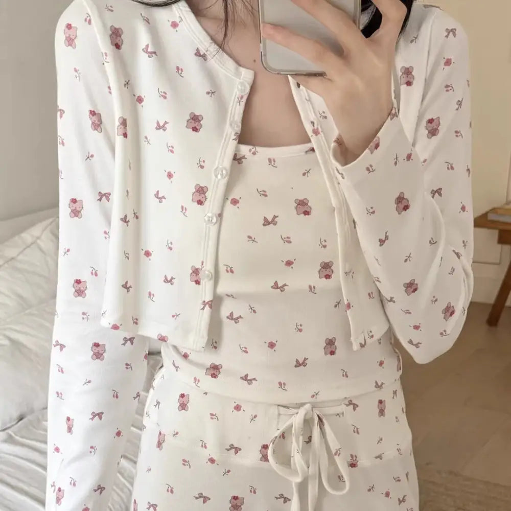 パジャマ 女性 春秋 豹柄 KTキャット カップ付き 可愛い 厚手 可愛い 前開き 春 夏 かわいい おしゃれ 3点セット ルームウェア ID4365 ホワイト / M レディース＞セットアップ