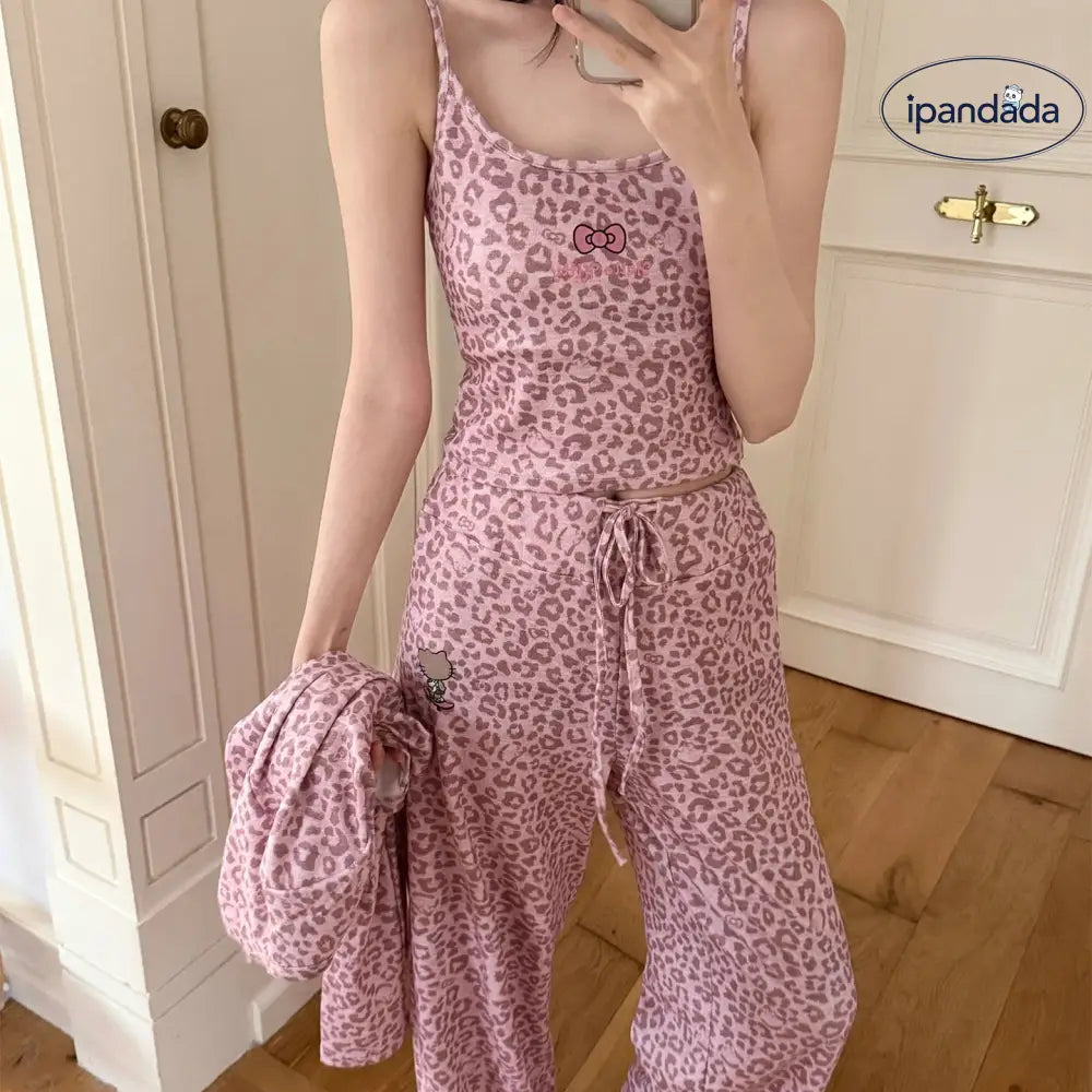 パジャマ 女性 春秋 豹柄 KTキャット カップ付き 可愛い 厚手 可愛い 前開き 春 夏 かわいい おしゃれ 3点セット ルームウェア ID4365 レディース＞セットアップ