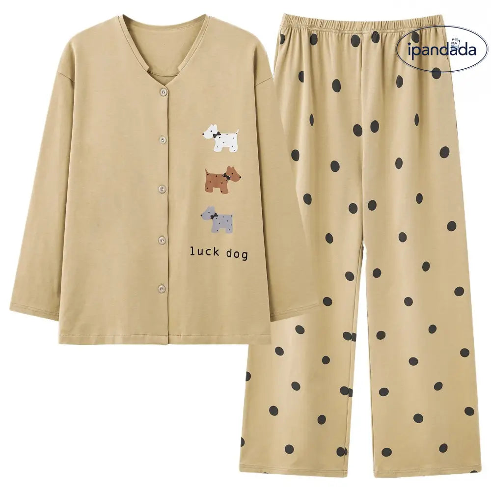 パジャマ 女性用 綿100% 少女用 襟付き カーディガン 長袖 ロングパンツ ルームウェア セット ID2817