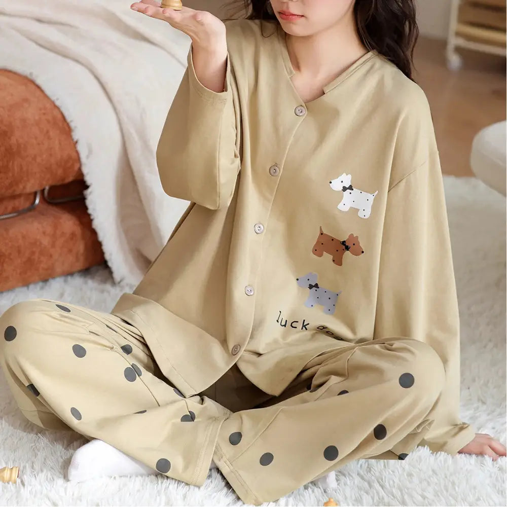 パジャマ 女性用 綿100% 少女用 襟付き カーディガン 長袖 ロングパンツ ルームウェア セット ID2817