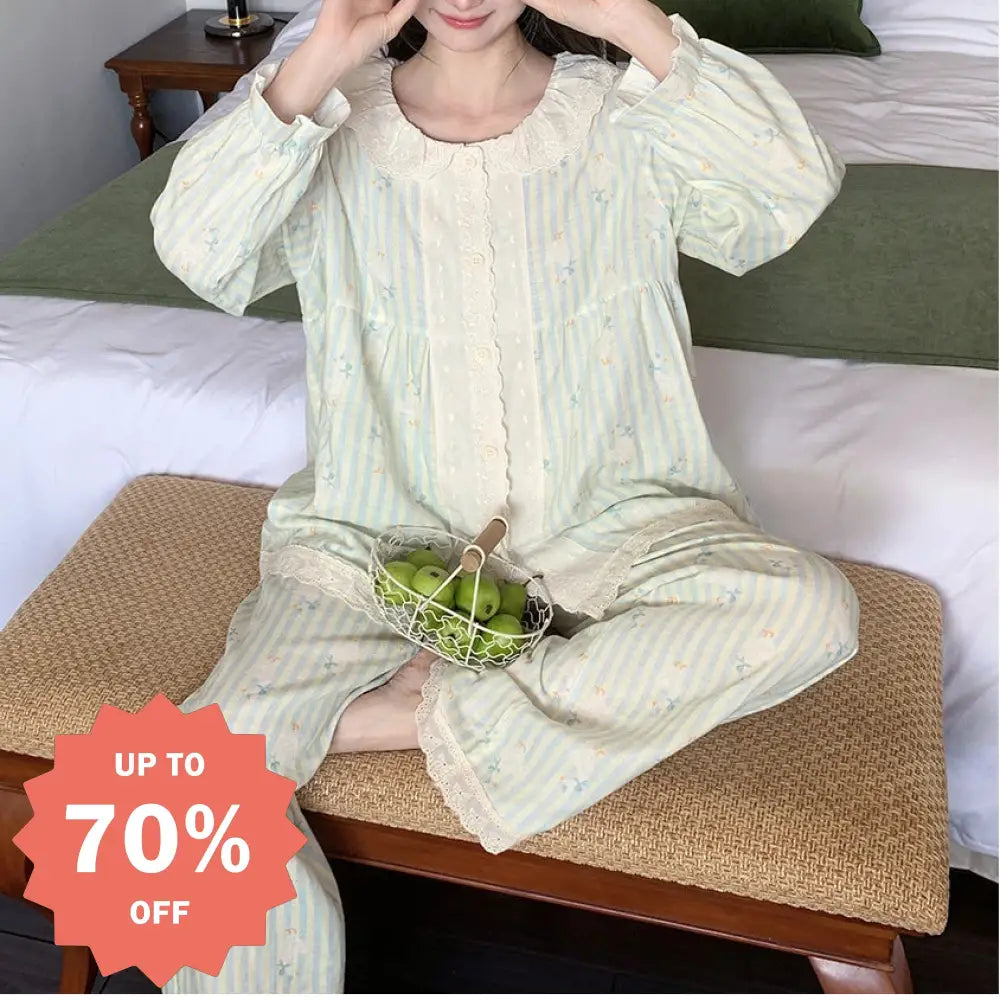 パジャマ 女性用 プリント レース 長袖 ルームウェア ID4658