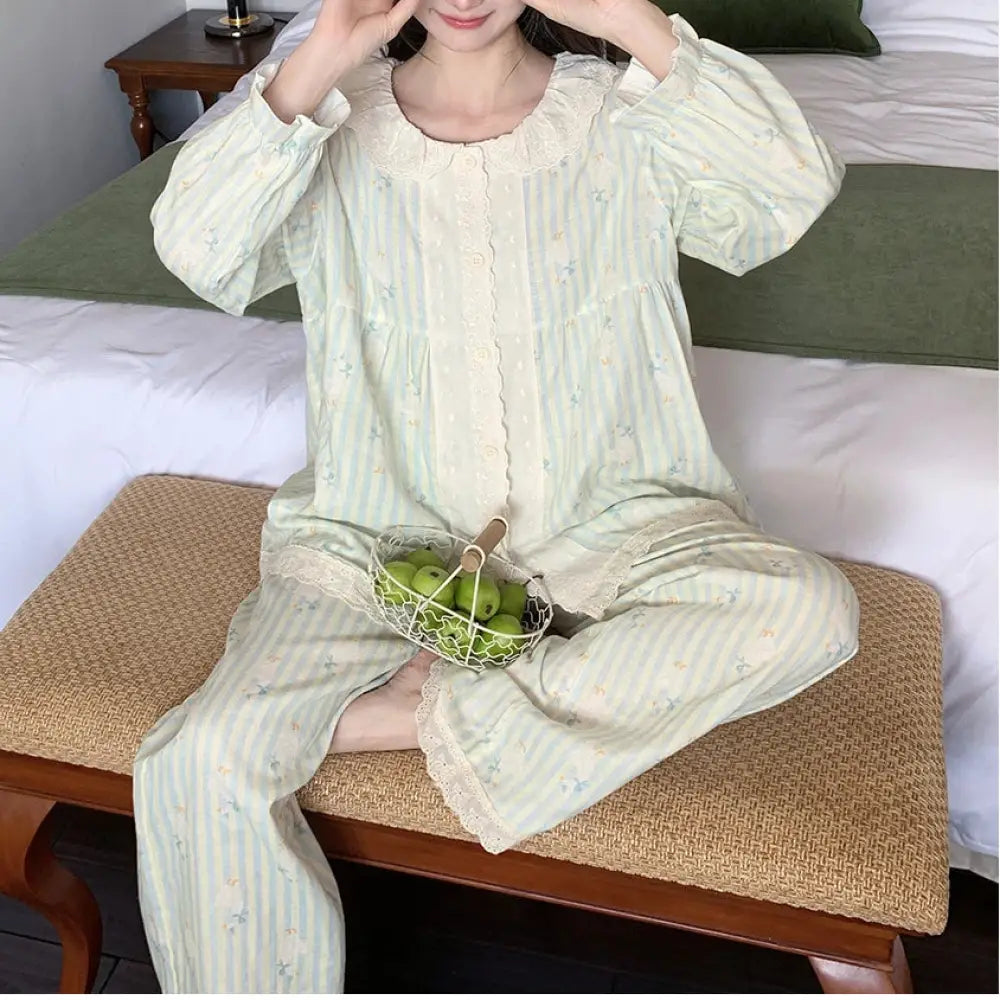 パジャマ 女性用 プリント レース 長袖 ルームウェア ID4658