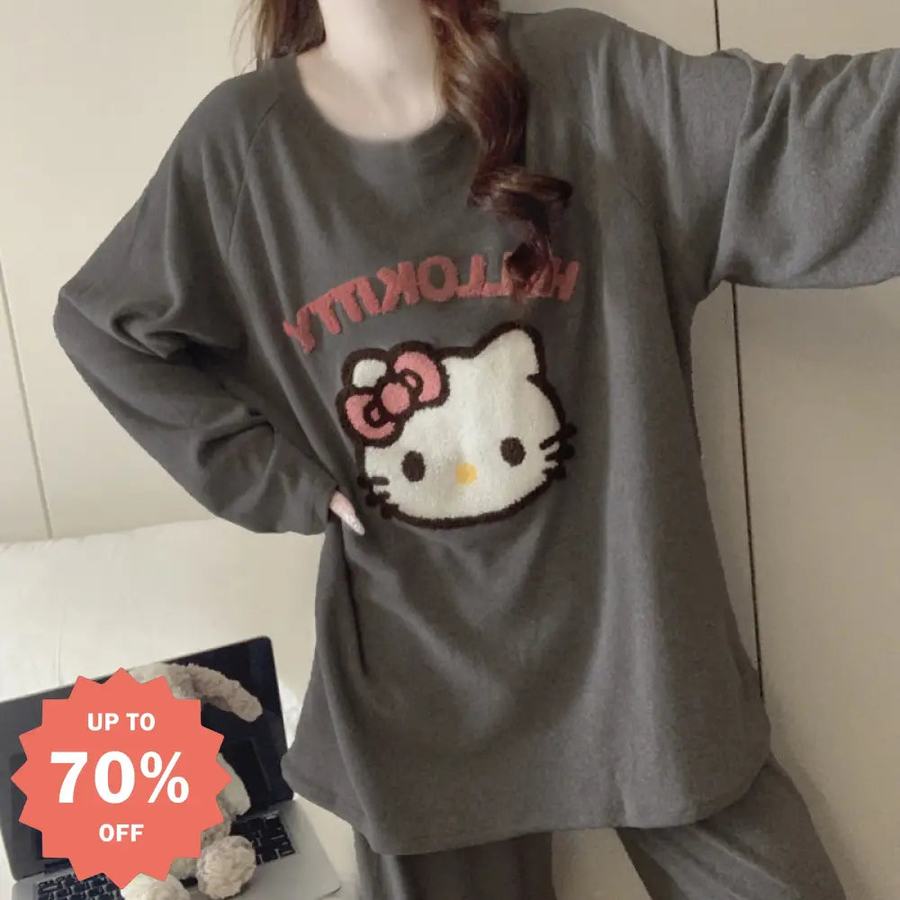 パジャマ レディース 春秋冬用 ハローキティ 保温 ルームウェア セットアップ ID3840 グレー / M